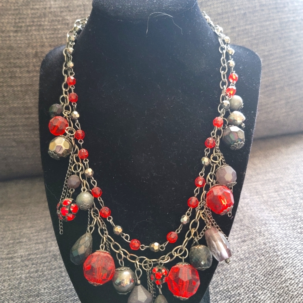 Necklace, red and black costume necklace